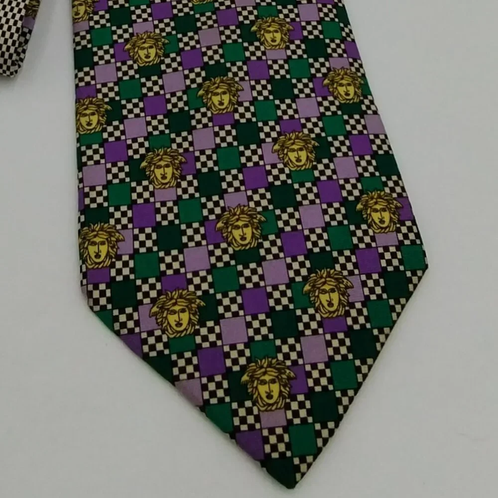 Vintage Gianni Versace Medusa Silk Tie Purple Check